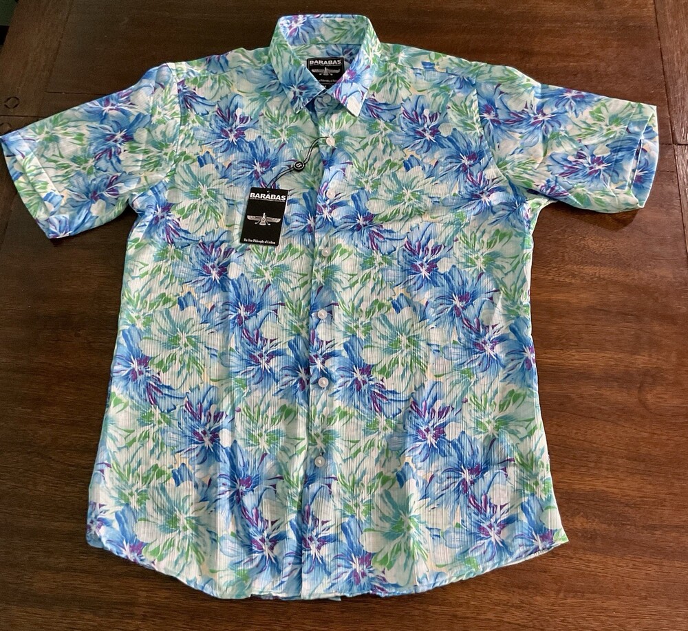 BARABAS-Men-s Size Mediun Floral-Button-Down-Short-Sleeve-Shirt Green Color Way